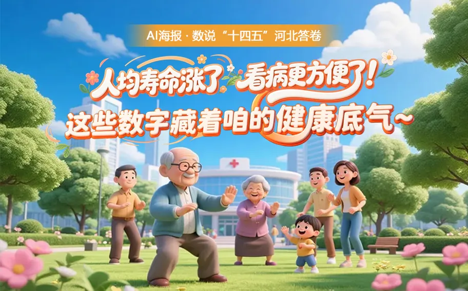 AI海报·数说“十四五”河北答卷丨人均寿命涨了，看病更方便了！这些数字藏着咱的健康底气~